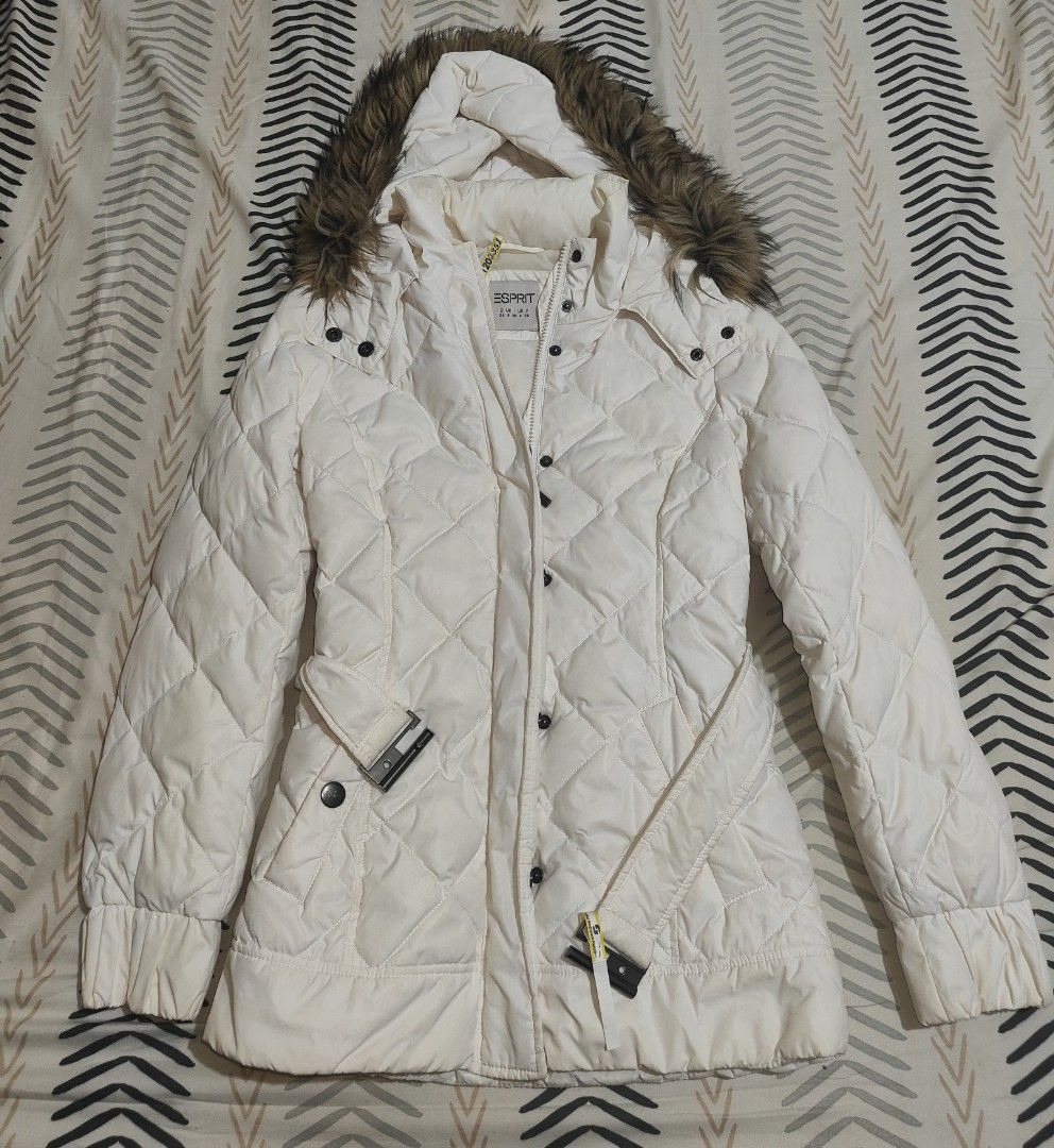 Esprit White Puffer Jacket with Fur Hood