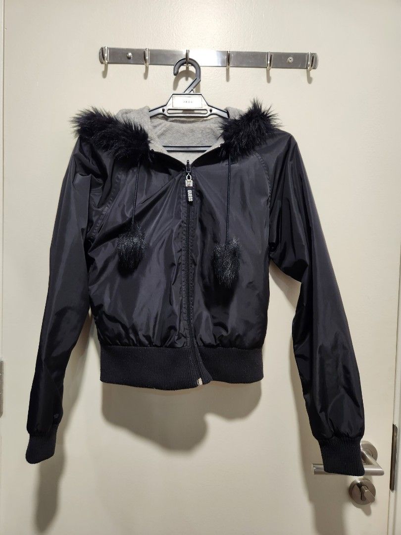 GUESS Winter Wear Coat Jacket Long John Heattech Fluffy Fleece Hoodie Black