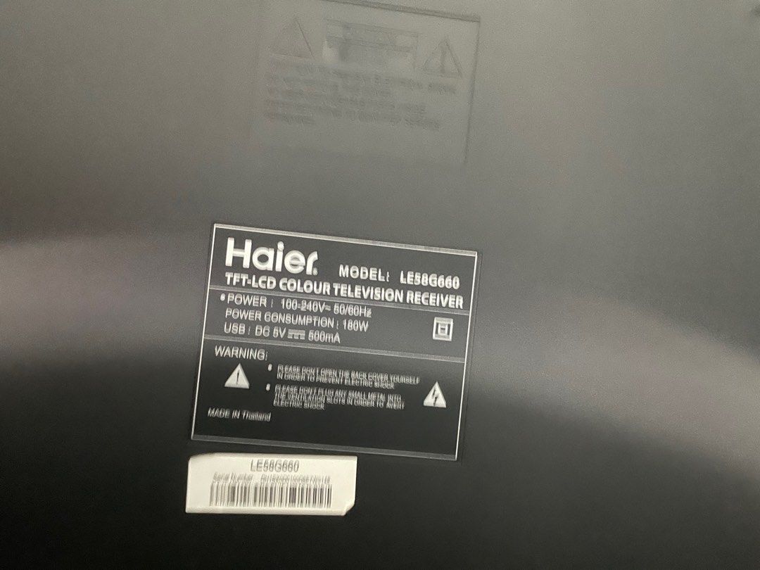 Haier TV (Category: TV) located in Manila. Submitted by jules_gae (Listing ID 1235994575, Image 3). Description: Negotiable. 58 inches..