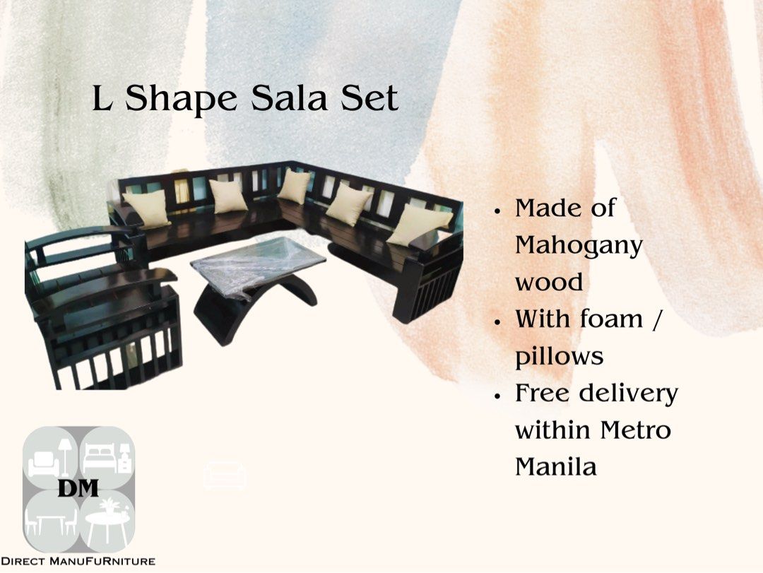 Modern L Shape Sala Set (Category: Tables & Sets) located in Manila. Submitted by jpadapat21 (Listing ID 1235900736, Image 2). Description: For Sale!!! Modern L Shape Sala Set -Solid wood -Uratex Foam -Almasica Varsnish/Duco Paint -Choice of colors Lowest Price Gurantee with feebies :) We do customized furnitures as well. Direct Manufacturer 💚.
