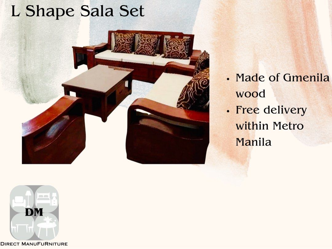 Modern L Shape Sala Set (Category: Tables & Sets) located in Manila. Submitted by jpadapat21 (Listing ID 1235900736, Image 1). Description: For Sale!!! Modern L Shape Sala Set -Solid wood -Uratex Foam -Almasica Varsnish/Duco Paint -Choice of colors Lowest Price Gurantee with feebies :) We do customized furnitures as well. Direct Manufacturer 💚.