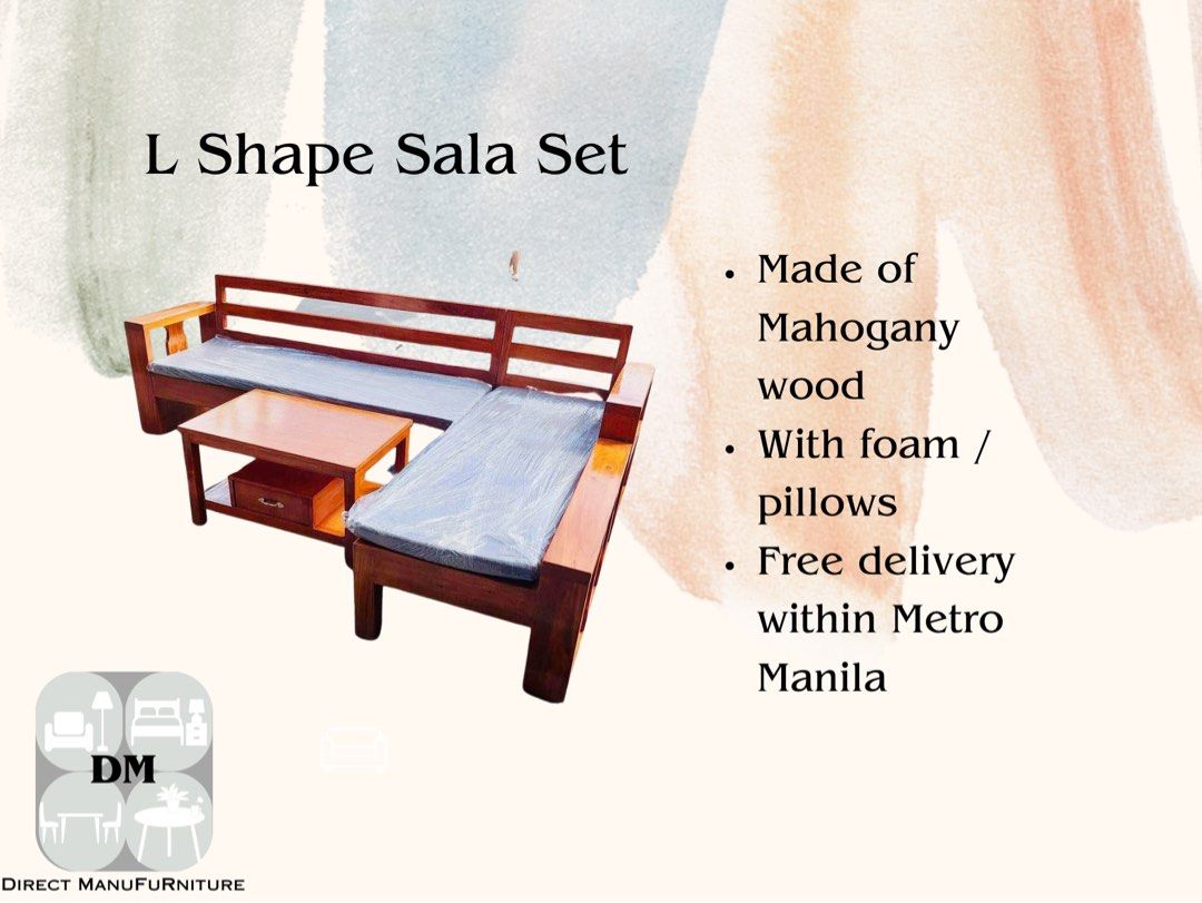 Modern L Shape Sala Set (Category: Tables & Sets) located in Manila. Submitted by jpadapat21 (Listing ID 1235900736, Image 3). Description: For Sale!!! Modern L Shape Sala Set -Solid wood -Uratex Foam -Almasica Varsnish/Duco Paint -Choice of colors Lowest Price Gurantee with feebies :) We do customized furnitures as well. Direct Manufacturer 💚.