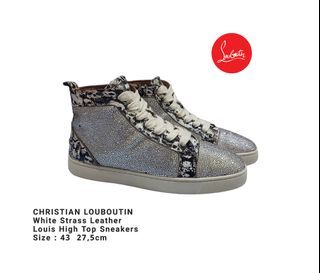 Sepatu Christian Louboutin White Strass Leather Louis High Top Sneakers Size 43 