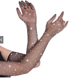 Lucky Doll® Burlesque Black Red or Nude Beige Fishnet Sparkle Rhinestone Studded Long Gloves
