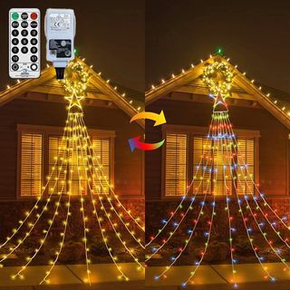 Outdoor Curtain Lights Star Fairy Lights Mains Powered, Hanging Window Curtain Lights Plug In 335 LED Warm White & Multi- 4Color changing Outside Tree Lights for Xmas Room Gazebo Decor