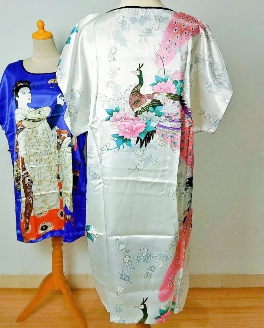 Pearl silver satin dress with elegant Peacock and floral design ...