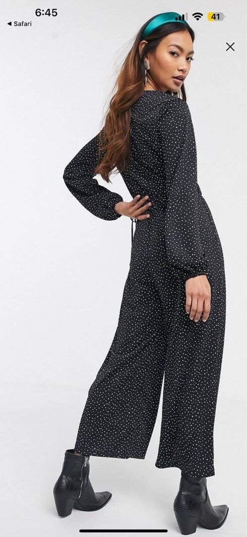 Pull bear V neck jumpsuit in Black polka dot Women s Fashion