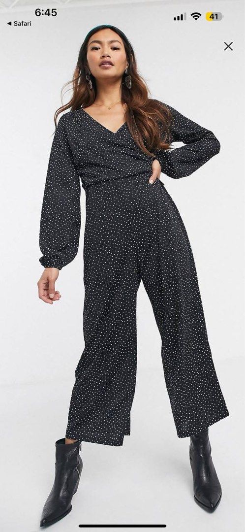 Pull bear V neck jumpsuit in Black polka dot Women s Fashion
