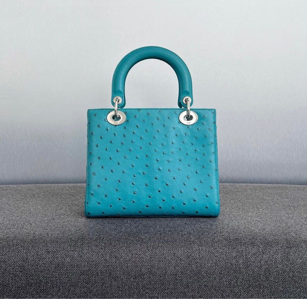 Rare Lady Dior Medium Ostrich Blue Phw Luxury Bags Wallets