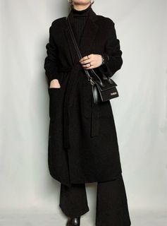 (SOLD) Real wool coat, Hand made wool coat, Belted black wool coat, Free size long wool coat • Please read firs the description below