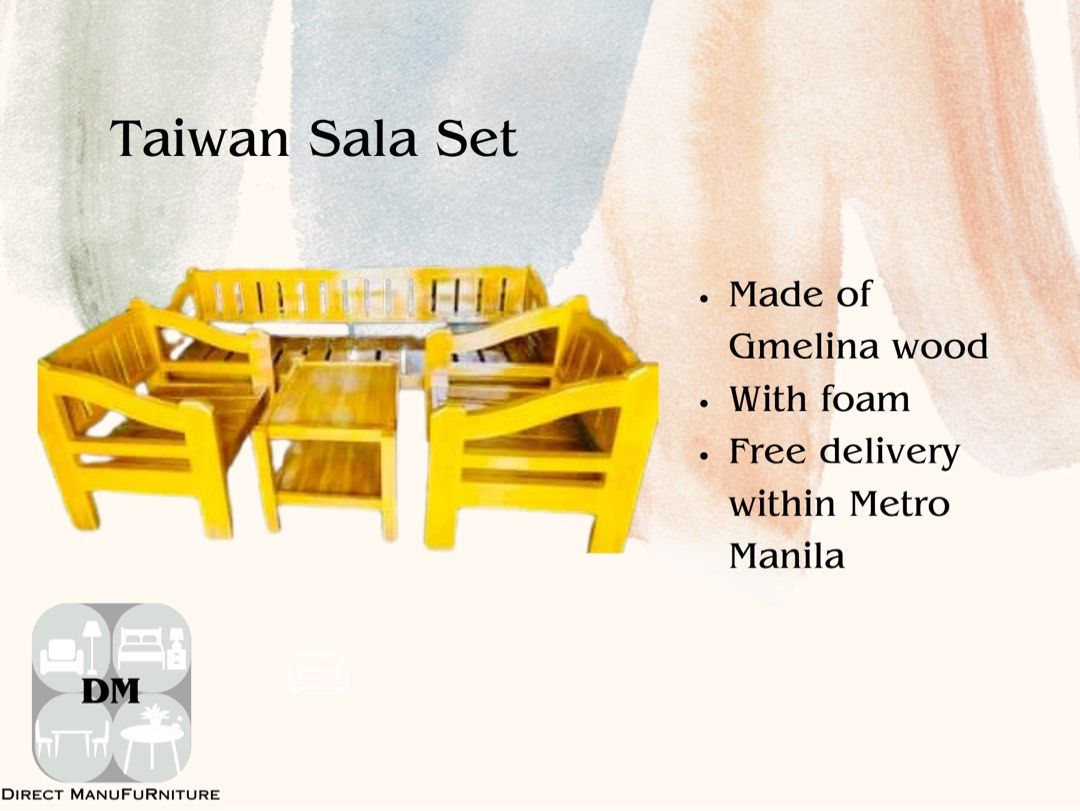 Sala Set (Category: Tables & Sets) located in Manila. Submitted by jpadapat21 (Listing ID 1235902224, Image 3). Description: For Sale!!! Sala Set -Solid wood -Uratex Foam -Almasica Varsnish/Duco Paint -Choice of colors Lowest Price Gurantee with feebies :).