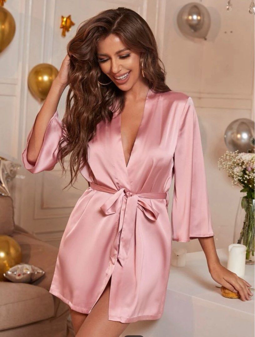 Self Tie Satin Robe Blush Pink Women s Fashion Coats Jackets