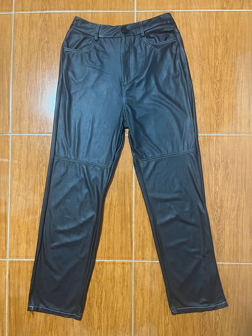 Shein Black Contrast Stitch Leather Pants on Carousell
