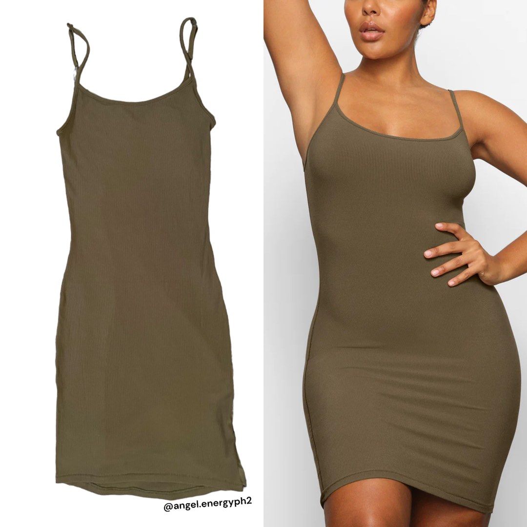 skims olive green dress Grace Loves Lace Silky Satin Midi Olive main image 1