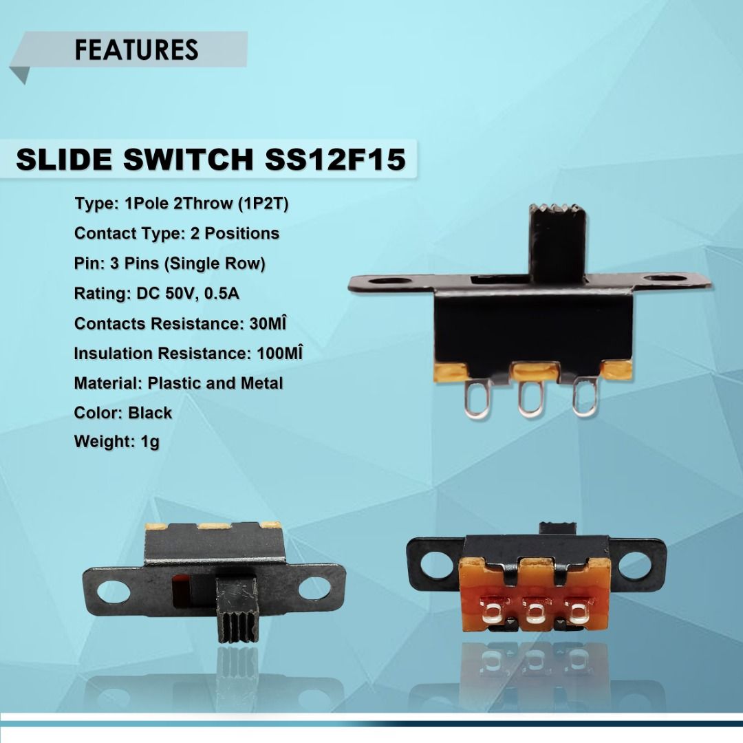 SLIDE SWITCH ON/OFF SS12F15, 3-PIN 2-POSITION 50V 0.5A SPDT, BEST for ...