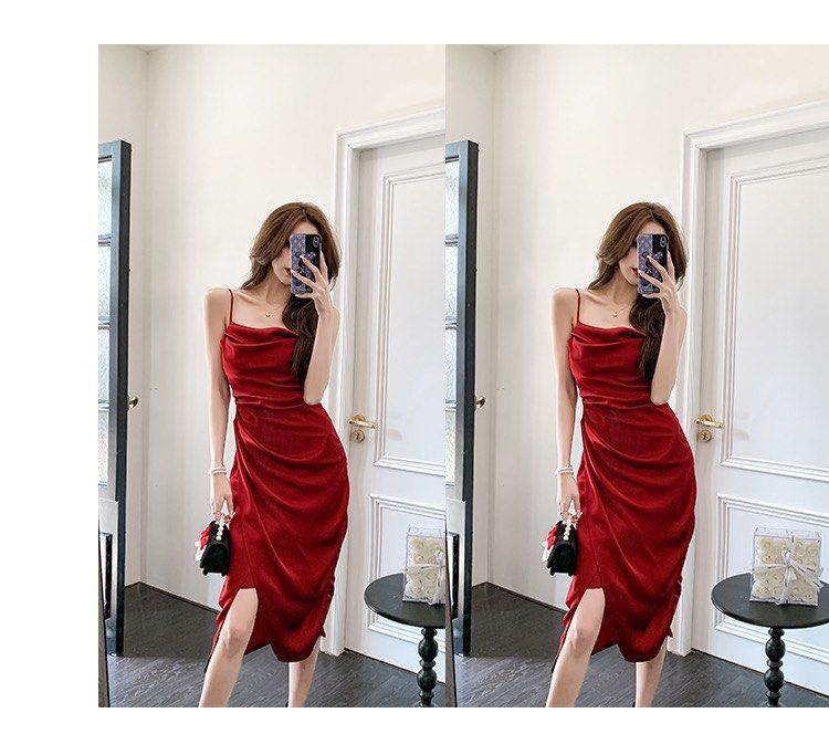 Silk Party Dress With Shoulder Straps With Lovely hollow Out Waist