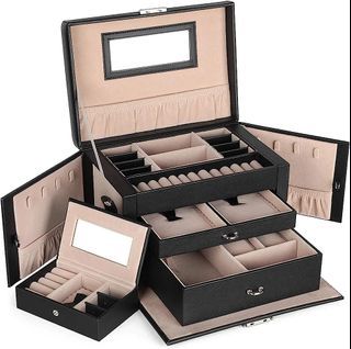 SONGMICS Jewelery Box, Jewelery Organizer with 2 Drawers, Lockable Jewelery Chest with Mirror, Portable Travel Box, Velvet Lining, Christmas Gift, Gray JBC121G01