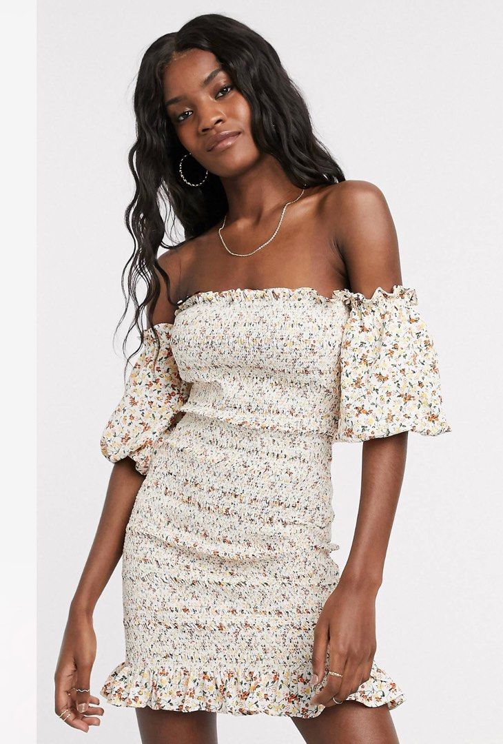 Topshop shirred bardot floral off Shoulder Dress like Zara Mango