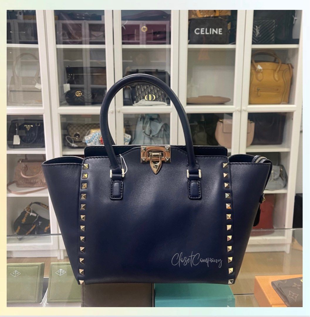 Valentino Garavani Rockstud Blue Calfskin Tote Bag, Luxury, Bags & Wallets on