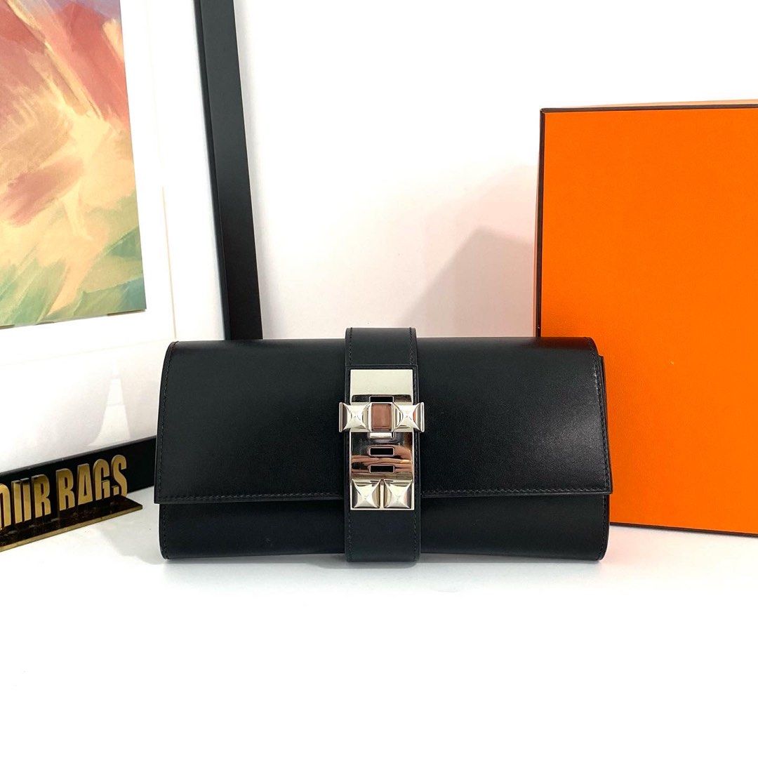 Authentic Hermes Black Box Leather Medor Clutch In Palladium