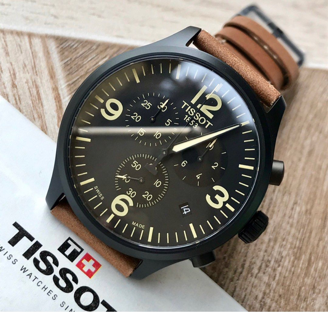 天梭TISSOT Chrono XL 黑面錶盤棕色真皮錶帶三眼男錶T1166173605700