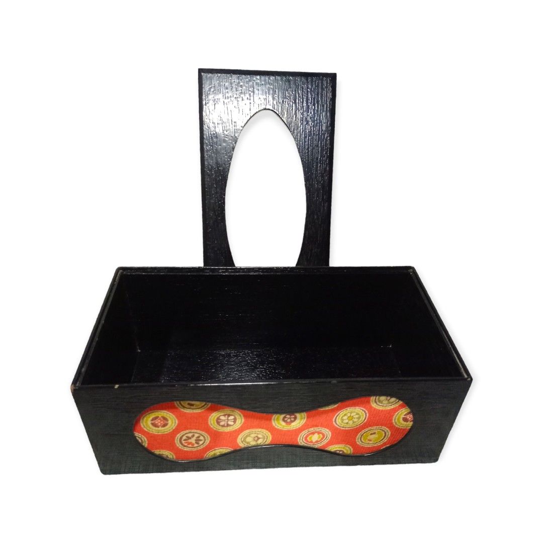 BLACK WOOD TISSUE HOLDER (Category: Storage Boxes & Baskets) located in Makati City. Submitted by nyxhemera26 (Listing ID 1236225620, Image 2). Description: BLACK WOOD TISSUE HOLDER H: 4.1" L: 11" W: 5.5" MIDDLE DESIGN IS MADE OF CLOTH *with minimal scratches on the edge due to stacking.