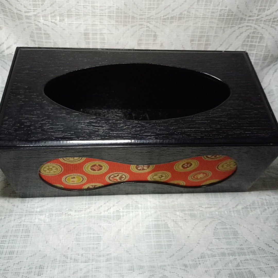 BLACK WOOD TISSUE HOLDER (Category: Storage Boxes & Baskets) located in Makati City. Submitted by nyxhemera26 (Listing ID 1236225620, Image 3). Description: BLACK WOOD TISSUE HOLDER H: 4.1" L: 11" W: 5.5" MIDDLE DESIGN IS MADE OF CLOTH *with minimal scratches on the edge due to stacking.