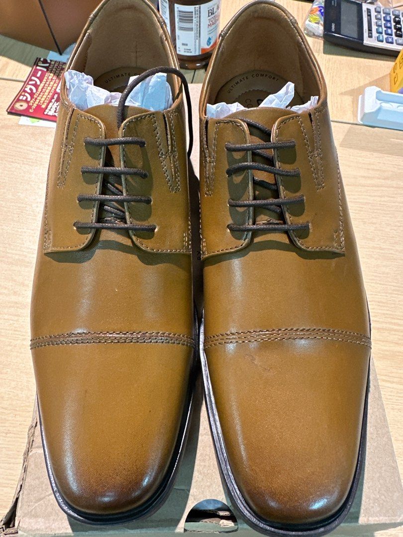 Clarks tilden cap dark tan leather shoes US10, 男裝, 鞋, 西裝鞋