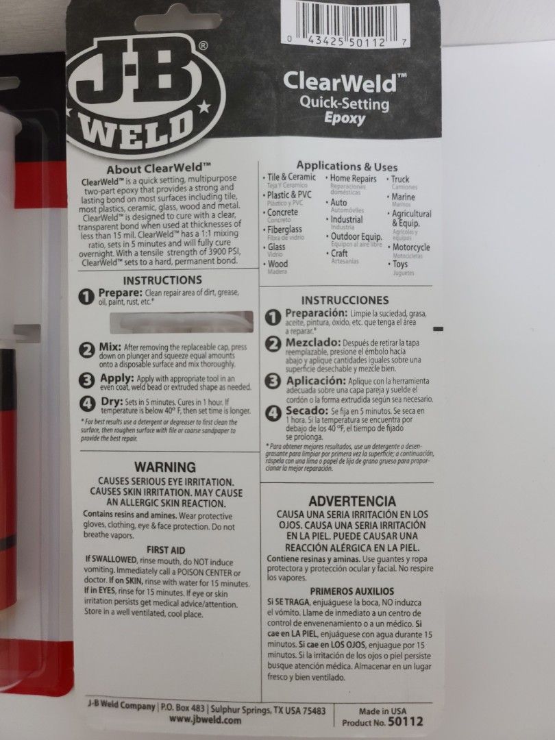 JB weld Clear weld epoxy glue, 5mins quick set time! Trademark World's