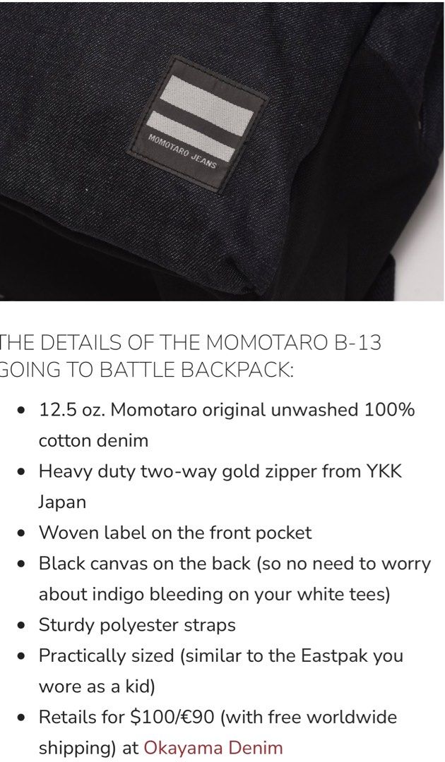 Momotaro Denim Backpack, Men's Fashion, Bags, Backpacks on Carousell