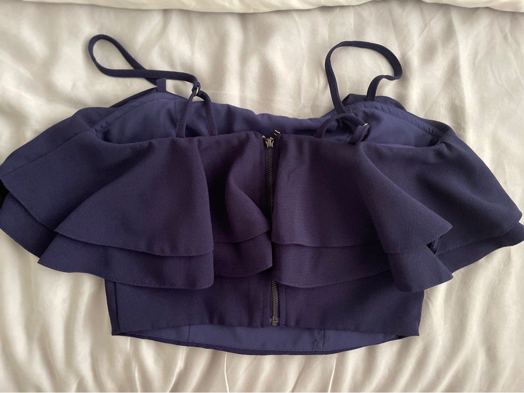 Women Navy Chanderi Foil V Neck Crop Top