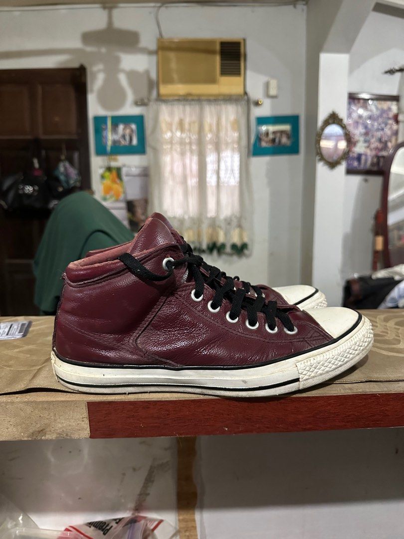 Maroon leather converse sales high tops
