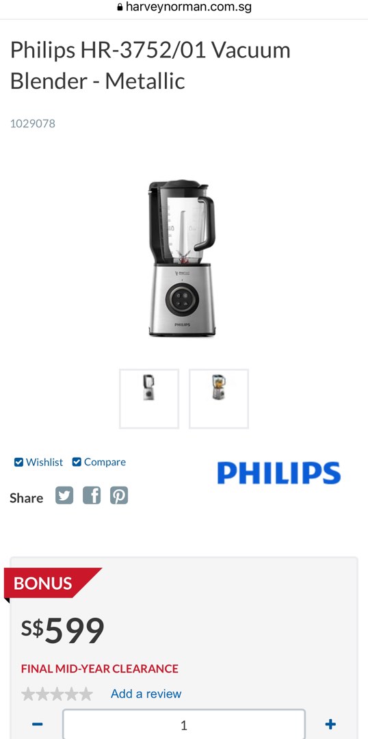 Philips HR3752/01 Vacuum Blender, TV & Home Appliances, Kitchen