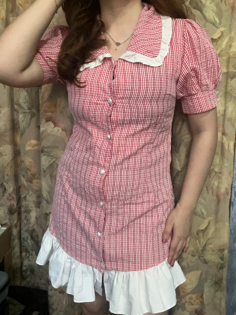 Red Korean Button Down Gingham Dress, Women's Fashion, Dresses & Sets