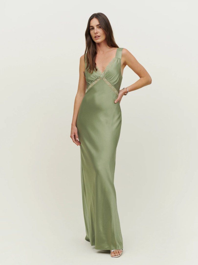 Reformation Chania Silk Dress in Artichoke green Lago blue