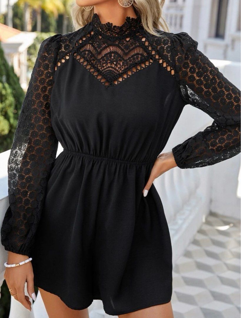 Shein Black Lace Long Sleeved Romper (Category: Rompers) located in Pasig City. Submitted by gelabean (Listing ID 1236132962, Image 3). Description: Brandnew Black Lace Long Sleeve Romper Zipper at the back Wasn't able to use this Big on me.