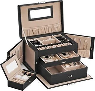 SONGMICS Jewelery box, Organizer with 2 drawers, Lockable chest with mirror, portable, velvet lining, gift idea, White JBC121W