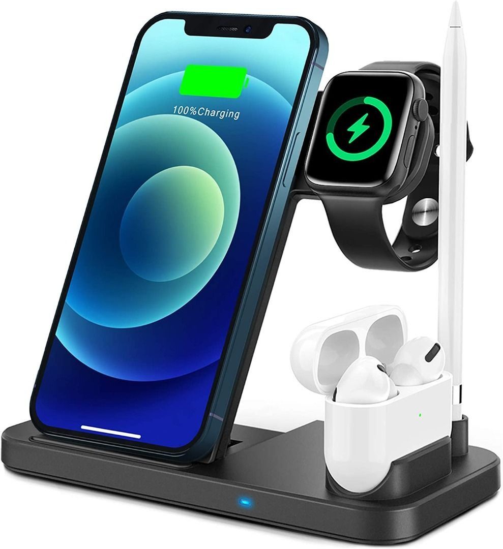 TEMINICE 4 in 1 Wireless Charger, Apple Watch  AirPods  Pencil Charging  Dock Station, Nightstand Mode for iWatch Series 5/4/3/2/1, Fast Charging  for iPhone 11/11 Pro Max/XR/XS Max/Xs/X/8/8P, Mobile Phones 