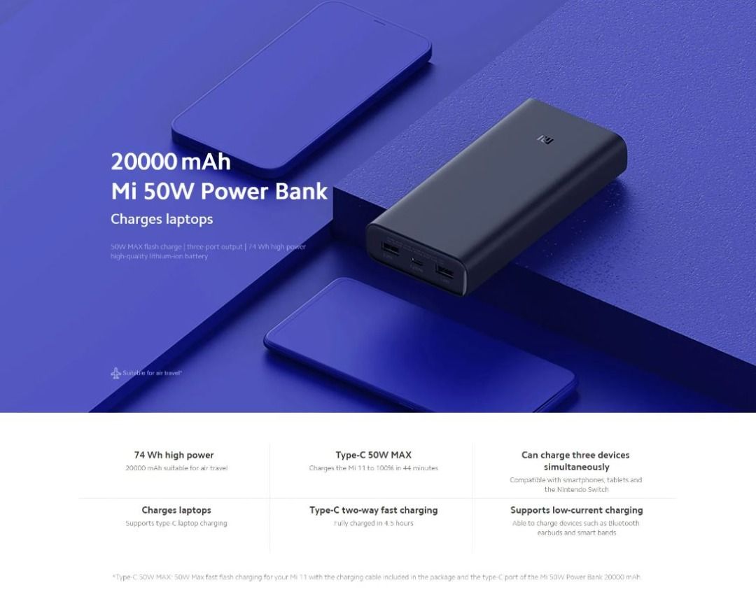 Xiaomi Mi 50W 20000mAh Power Bank 3 Power Bank External Battery Charger 50W  MAX flash charge | three-port output | 74 Wh high power high-quality