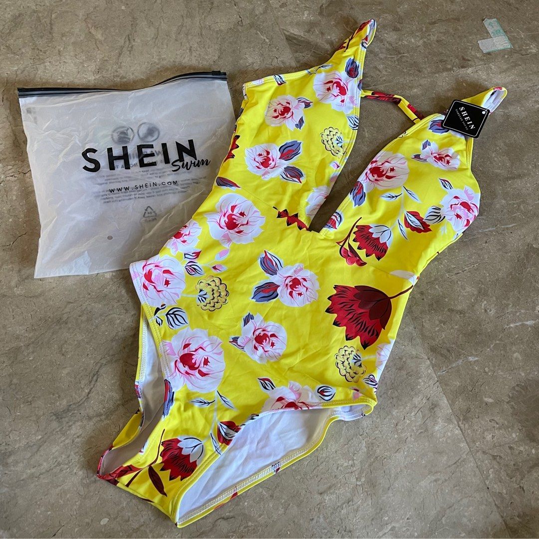 Yellow floral one piece Shein Bikini Swimsuit Swimwear on Carousell