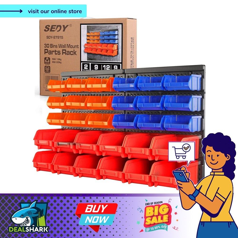 30-Bin Wall-Mounted Storage Rack System - Heavy-Duty Garage Tool ...
