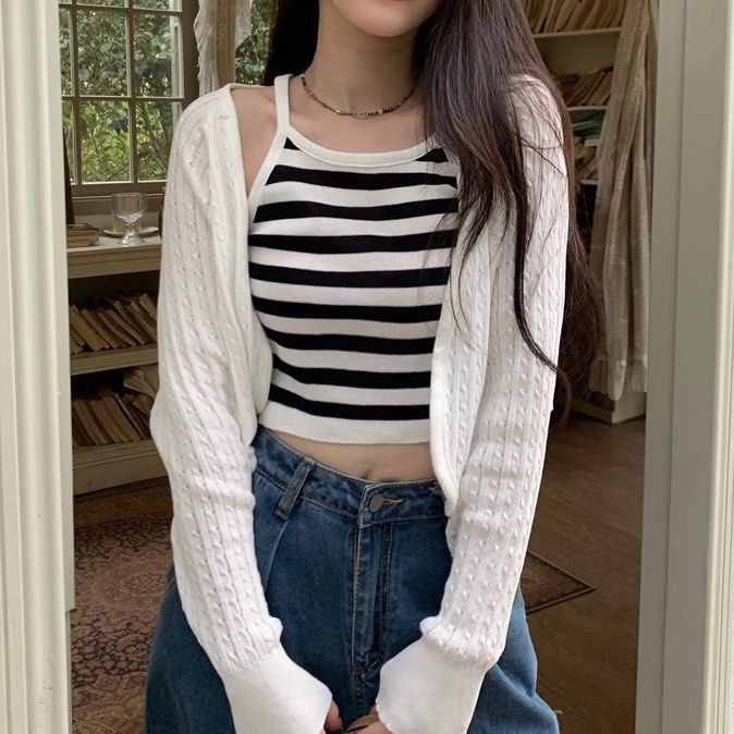 3 COLORS 2 Piece Korean Stripes Camisole Halter Top Braided