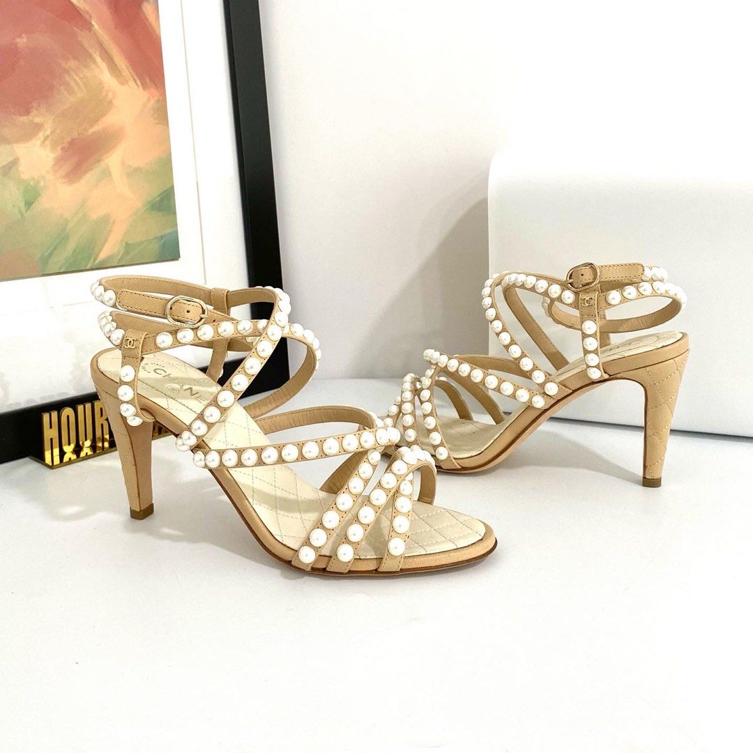 💯% Authentic Chanel Beige Color Quilted Leather Pearl Embellished Ankle  Strap High Heels