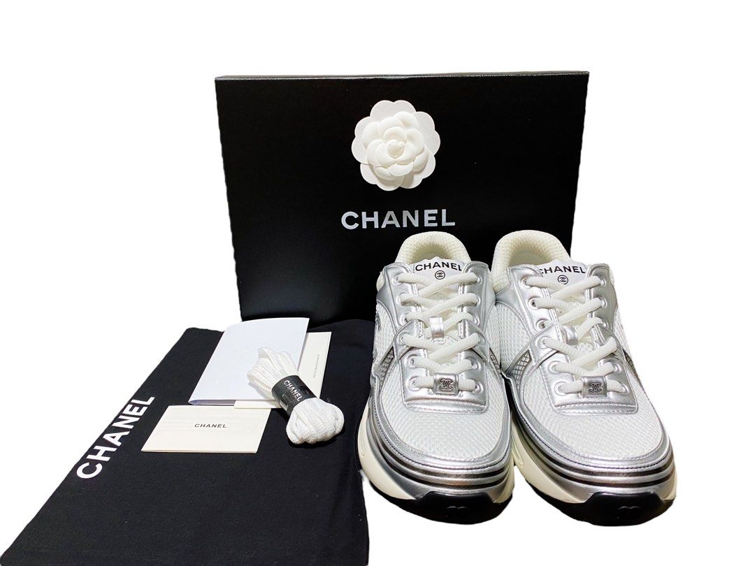 Chanel Fabric & Laminated White & Silver Low Top Sneakers