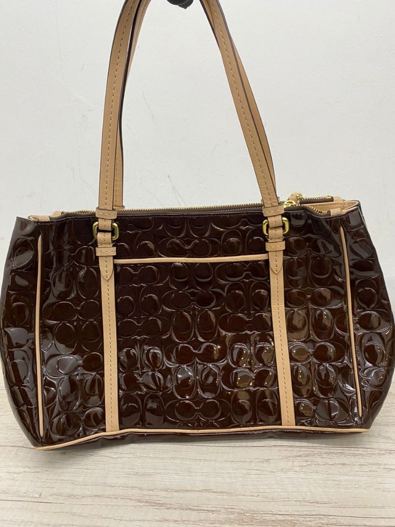 COACH LARGE SIGNATURE SHINY BAG F1382 F26921 LARGE BROWN EMBOSSED LEATHER GHW
