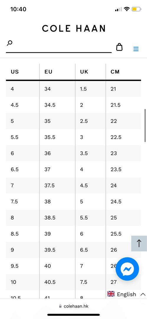 Cole haan size chart women's outlet