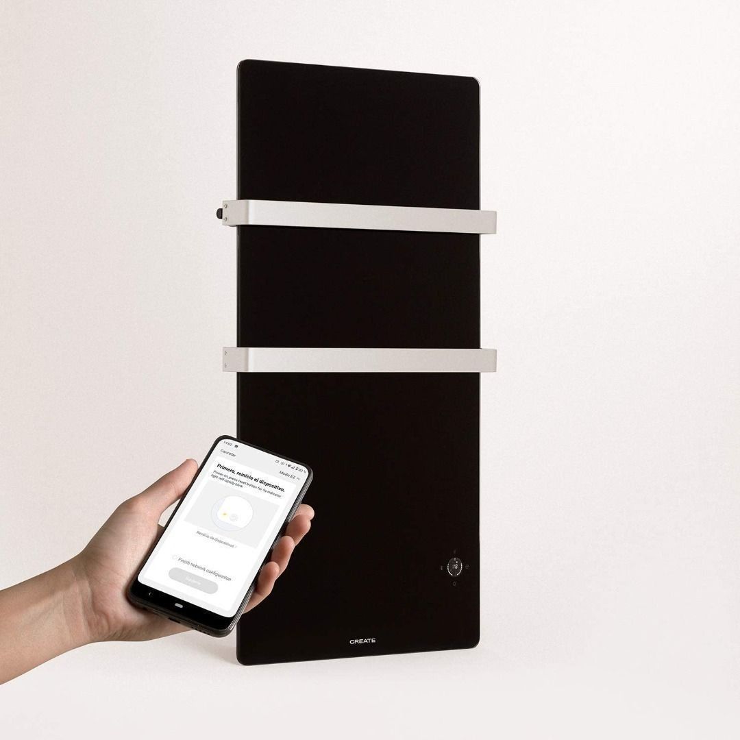 CREATE Warm Towel Crystal Double Hanger LED Display App Connectivity IP34 Electric Towel Rail Made of 1 mm Glass with WiFi Remote Control