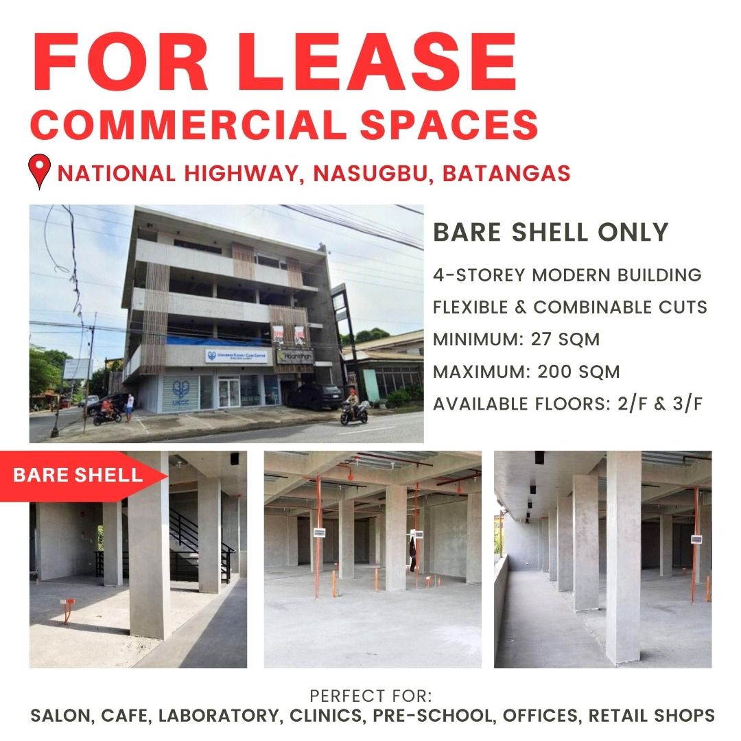 FOR LEASE: Batangas Commercial Spaces (BARE) (Category: Commercial) located in Taguig. Submitted by b.on.a.budget (Listing ID 1236314461, Image 1). Description: 𝐂𝐎𝐌𝐌𝐄𝐑𝐂𝐈𝐀𝐋 𝐒𝐏𝐀𝐂𝐄𝐒 𝐅𝐎𝐑 𝐑𝐄𝐍𝐓 𝐁𝐀𝐑𝐄 𝐒𝐇𝐄𝐋𝐋 𝐎𝐍𝐋𝐘 𝗙𝗹𝗲𝘅𝗶𝗯𝗹𝗲 & 𝗰𝗼𝗺𝗯𝗶𝗻𝗮𝗯𝗹𝗲 𝘂𝗻𝗶𝘁𝘀 𝗠𝗶𝗻𝗶𝗺𝘂𝗺: 𝟮𝟳 𝘀𝗾𝗺 𝗠𝗮𝘅𝗶𝗺𝘂𝗺: 𝟮𝟬𝟬 𝘀𝗾𝗺 (𝘄𝗵𝗼𝗹𝗲 𝗳𝗹𝗼𝗼𝗿) 𝗙𝗹𝗼𝗼𝗿𝘀 𝗮𝘃𝗮𝗶𝗹𝗮𝗯𝗹𝗲: 𝟮/𝗙 & 𝟯/𝗙 📍Abantihan Bldg, JP Laurel, N
