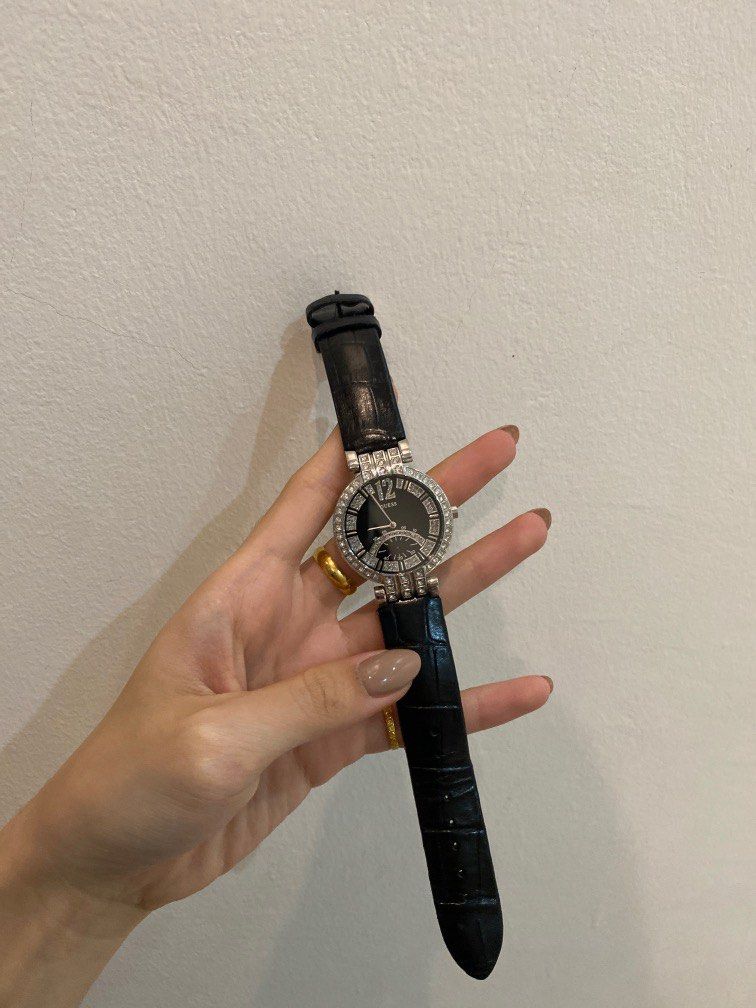 Guess black leather watch sale