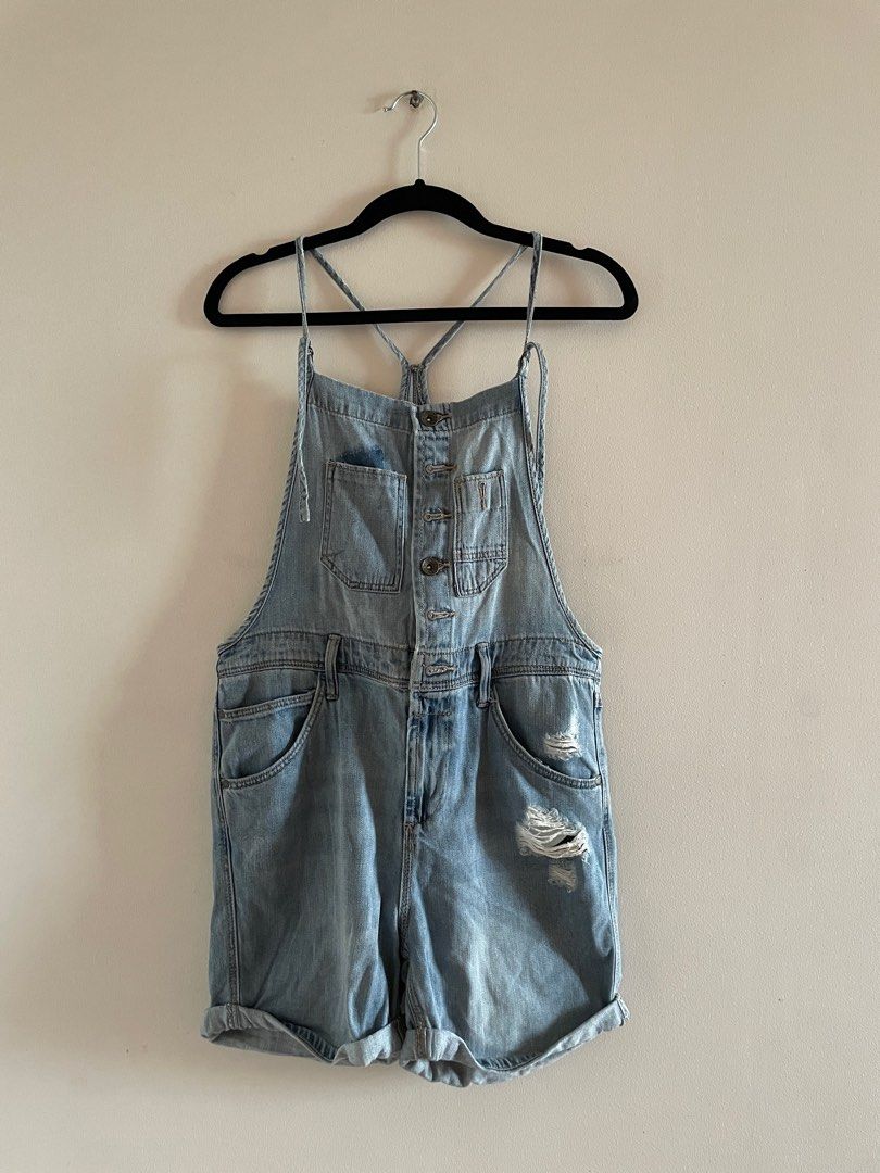H M Blue Denim Jumper Shorts Women s Fashion Dresses Sets Rompers on Carousell